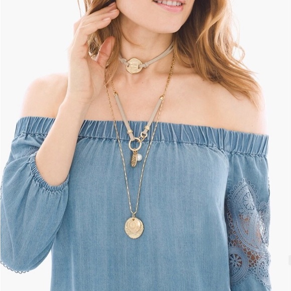 CHICO'S SIZE 0 (US Sz 4) OFF THE SHOULDER EMBROIDERED CHAMBRAY LACE DENIM DRESS - Picture 3 of 14